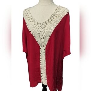 1784) Gee Gee Red with Beige Crochet Kimono Top Size M/L